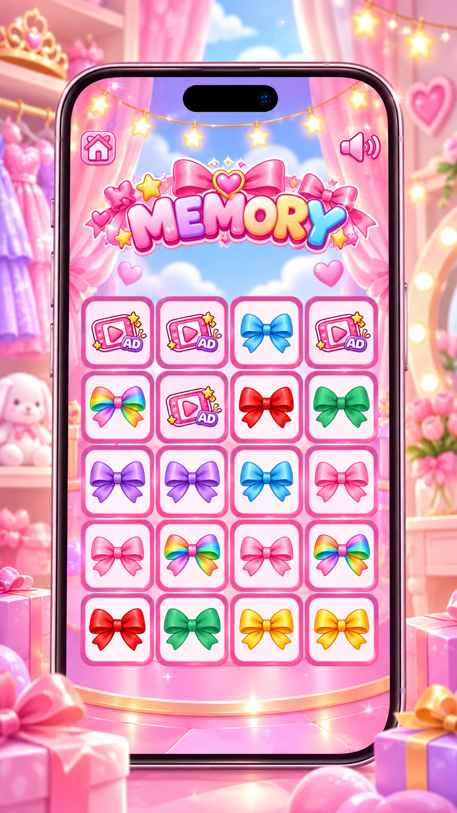 Phone screen of a memory game made of colorful bows