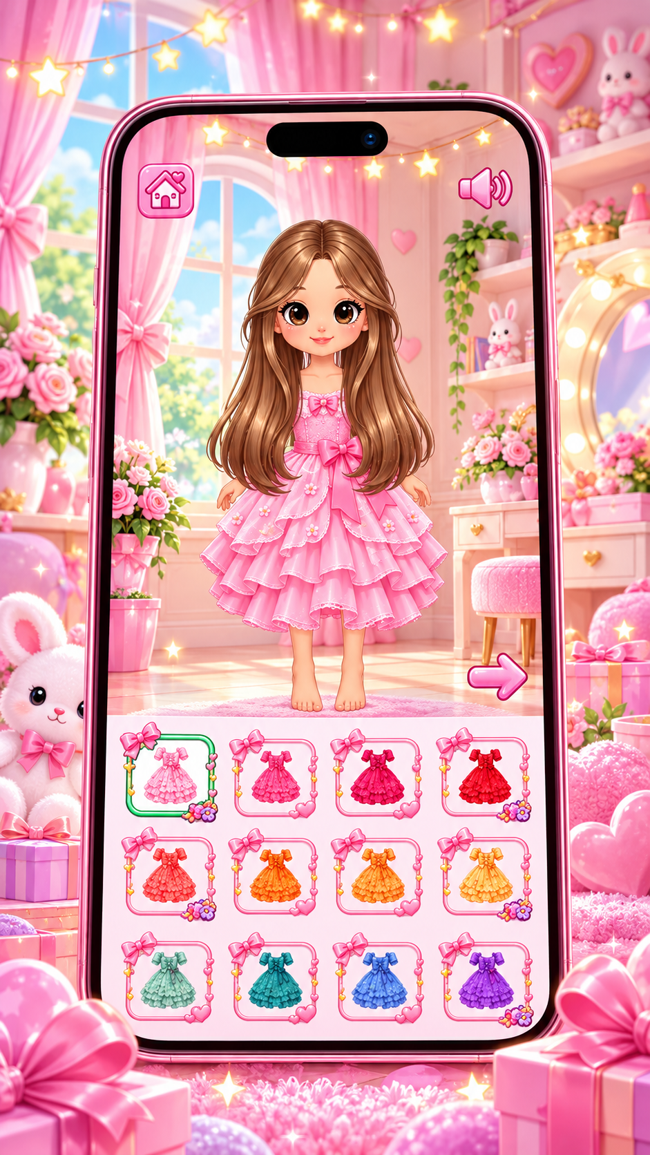 Phone screen of a girl in a pink dress choosing outfits