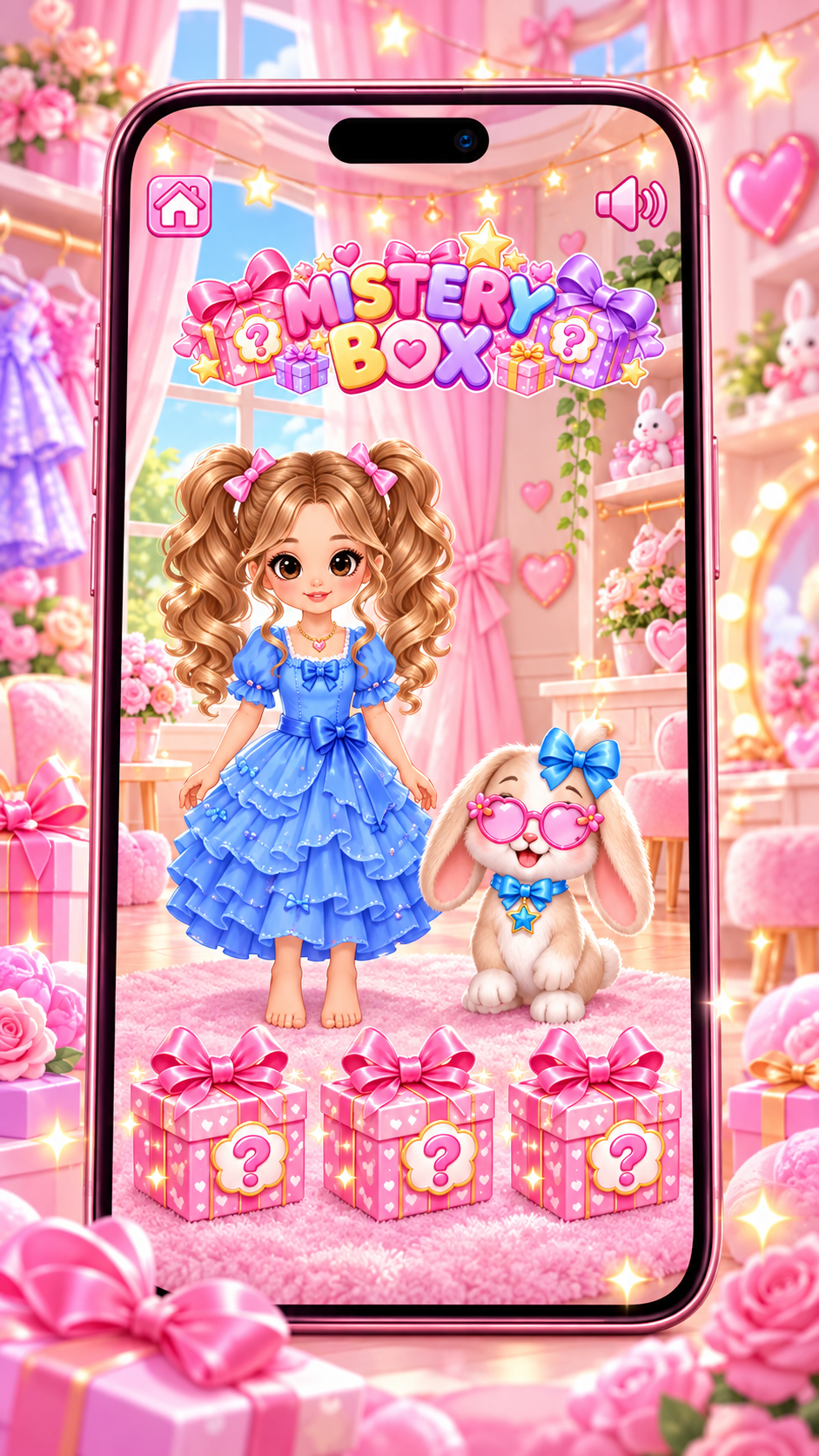Phone screen of a girl and a bunny beside three mystery boxes