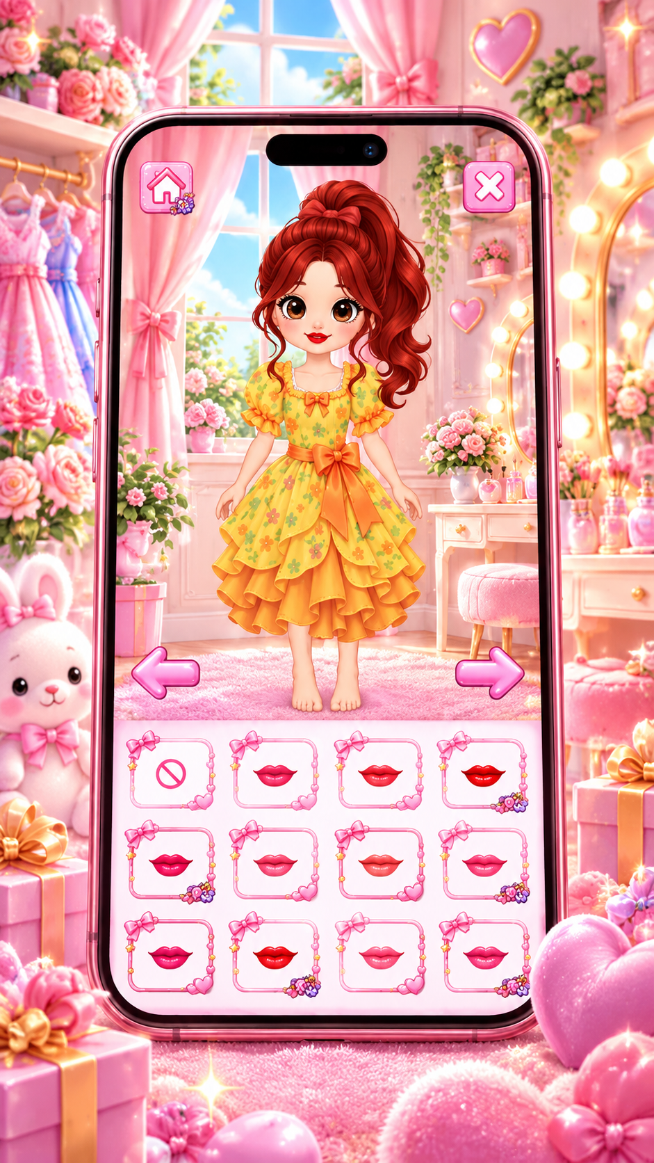 Phone screen of a girl in a yellow dress choosing lipstick