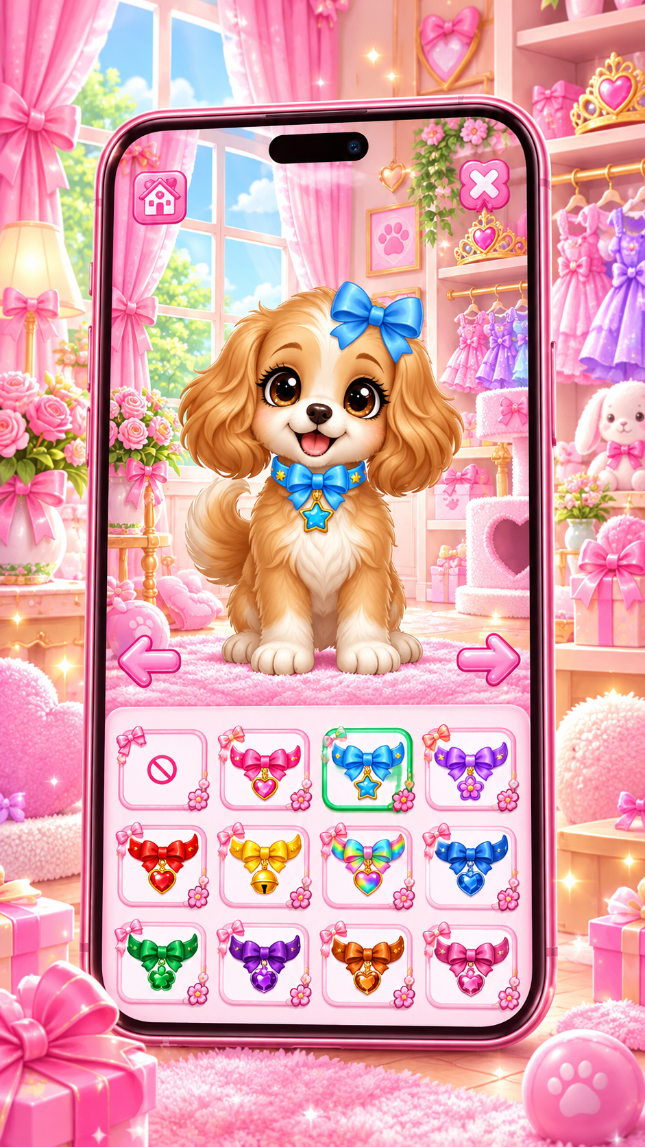Phone screen of a puppy choosing bows and collars