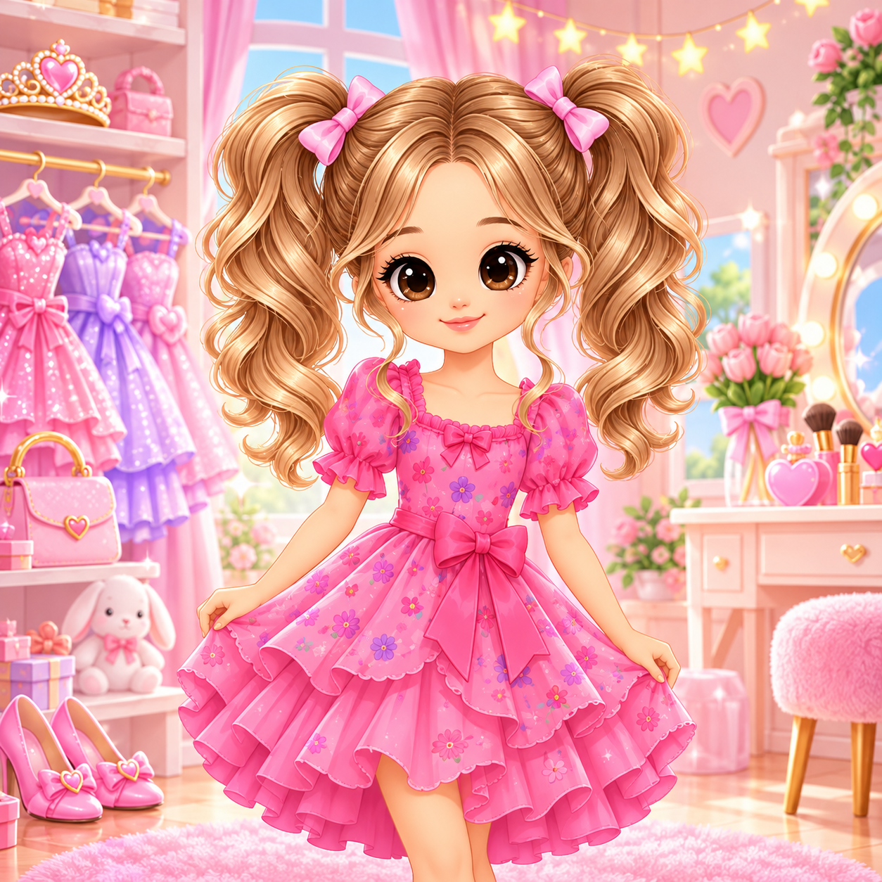A girl in a pink floral dress in a dressing room