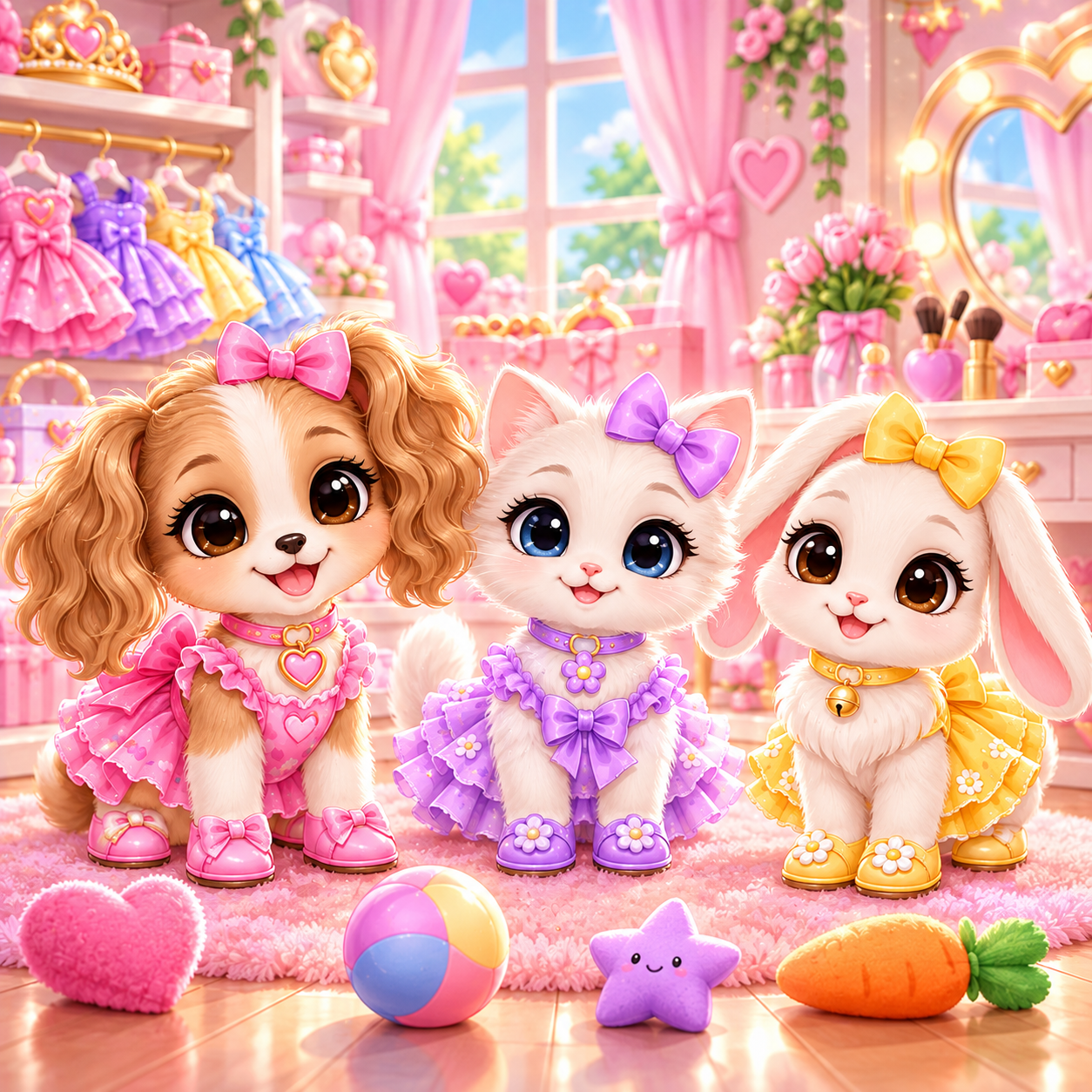 A puppy, kitten, and bunny dressed in bows and outfits