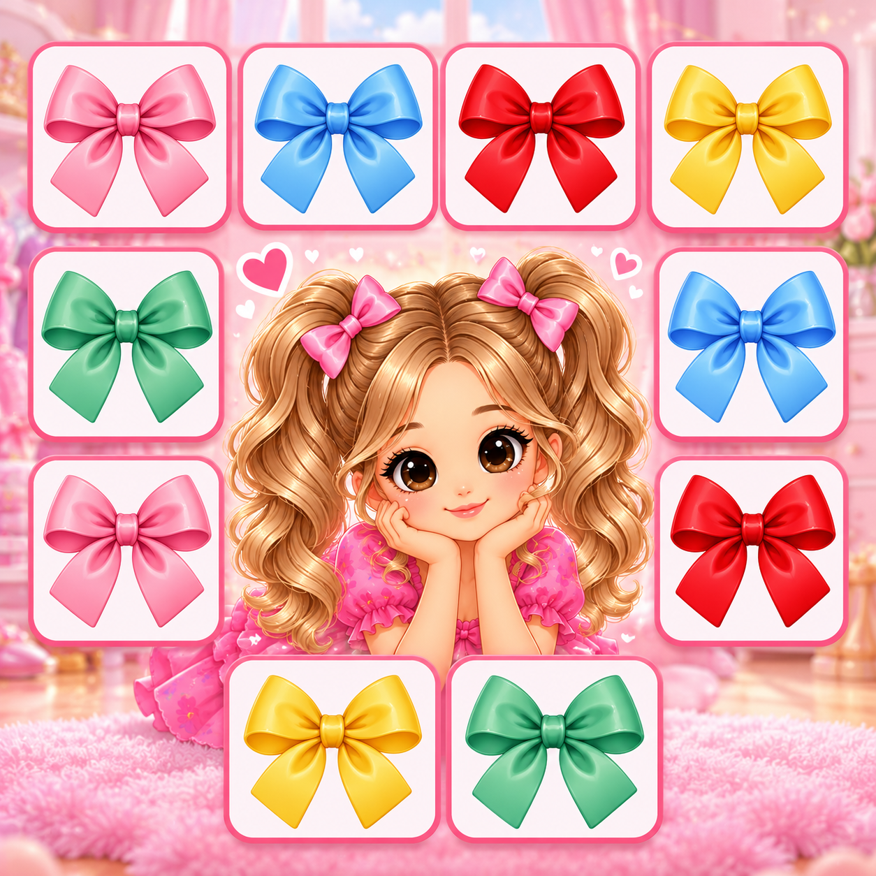 A memory game of colorful hair bows around a girl