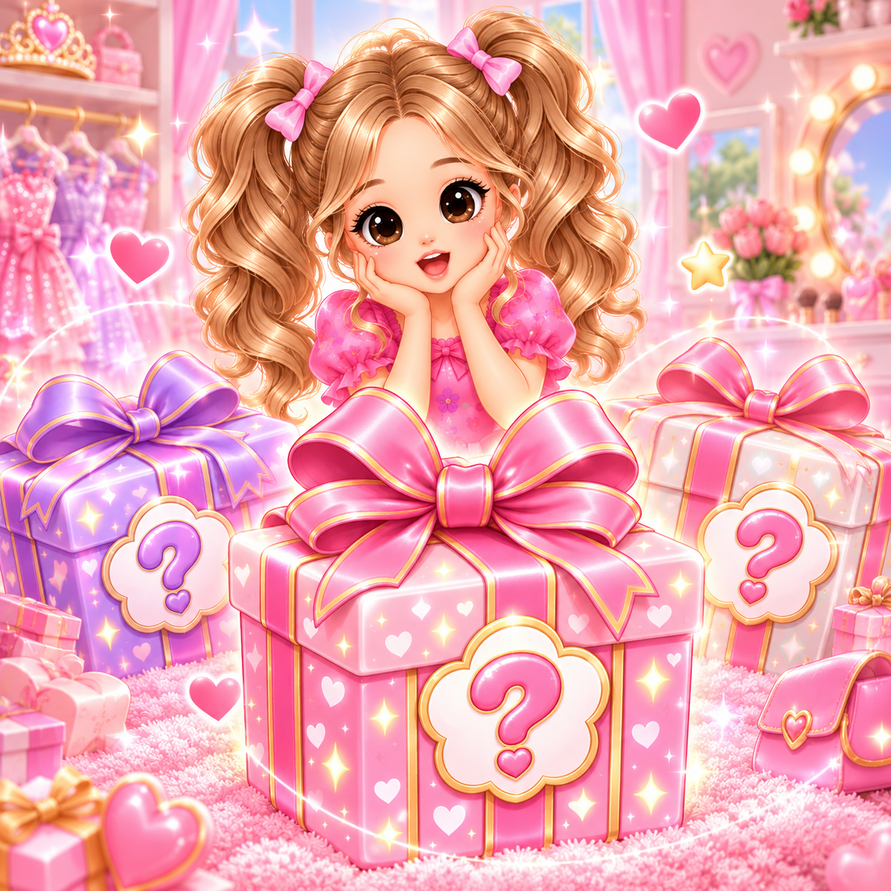 A girl opening mystery gift boxes with question marks