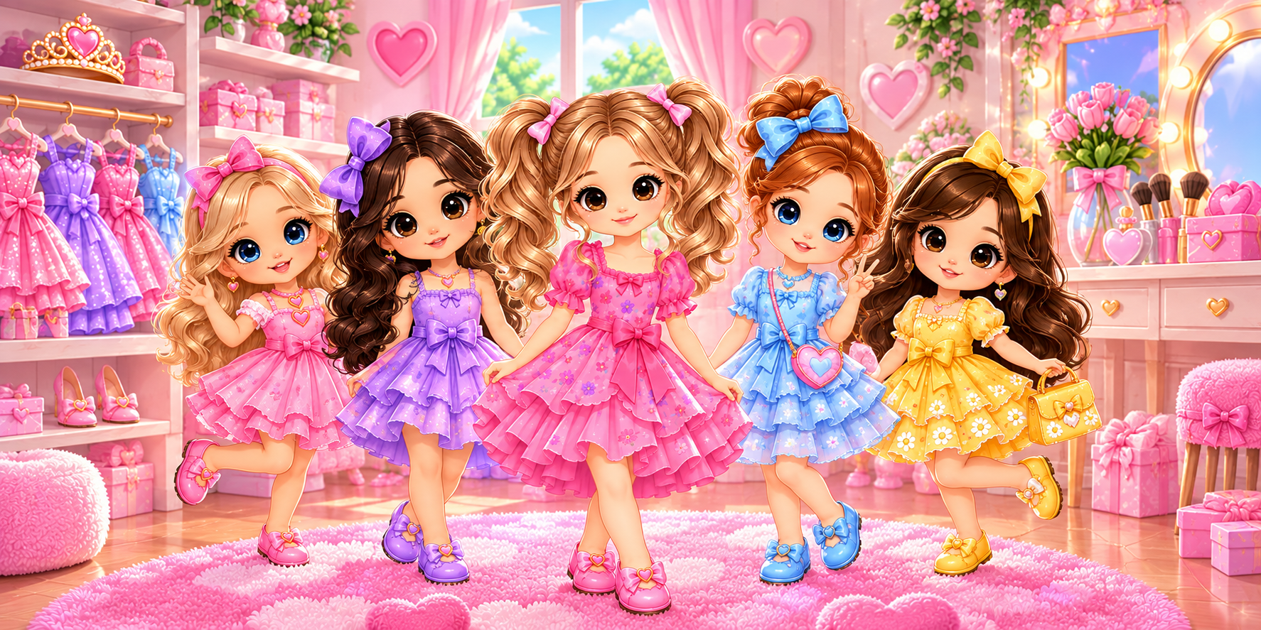 Five girls in pink, purple, blue, and yellow dresses in a dressing room